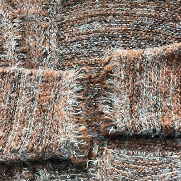 Sioni Womens Open Front Brown White Frayed Hem Textured Cardigan w/ Sequins - Picture 9 of 13